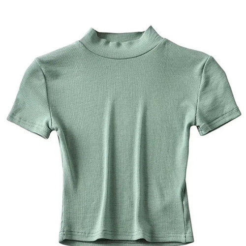 Load image into Gallery viewer, Women High Neck Fitted Short Sleeve T-shirt Rib Crop Rib Top
