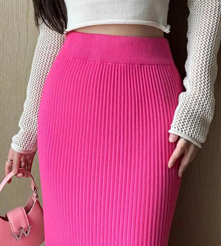 Autumn Winter Women Solid Straight Knitted Skirt Elastic High Waist Office Ladies Striped Wrapped Hip Long Skirts Popular