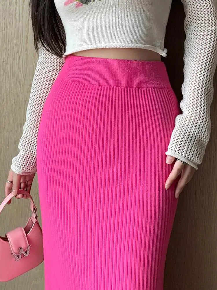 Autumn Winter Women Solid Straight Knitted Skirt Elastic High Waist Office Ladies Striped Wrapped Hip Long Skirts Popular