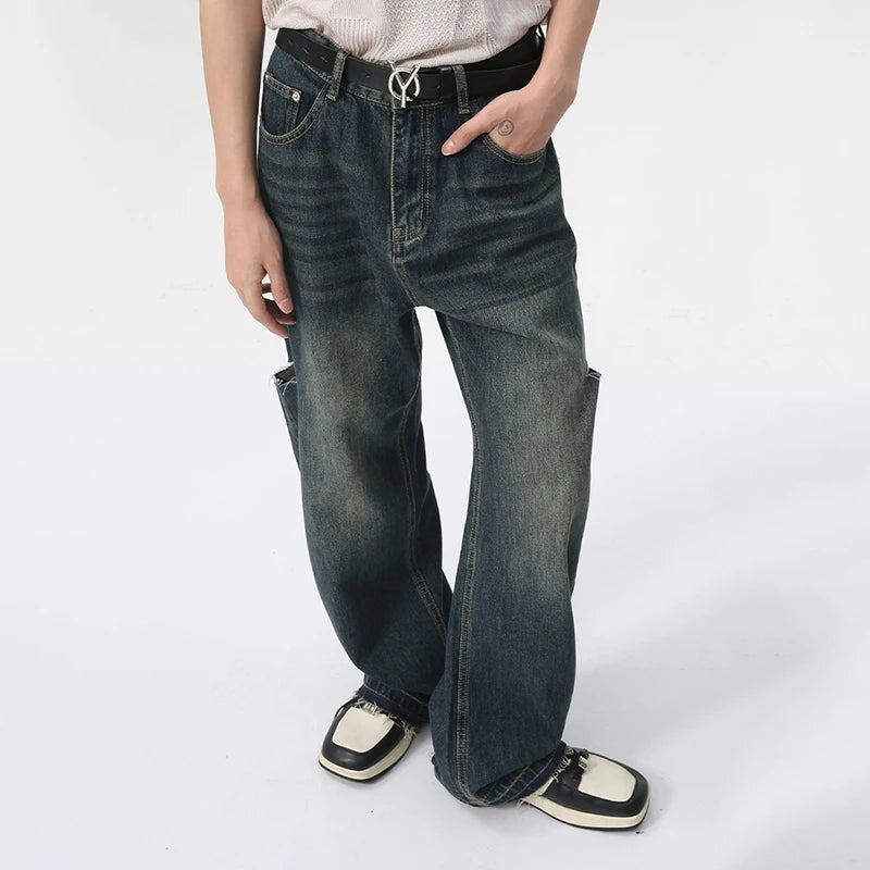 Fashion Loose Men's Straight Pants American Style Casual Hole Worn-out Design Wide Leg Jeans Summer Trend 9C6153