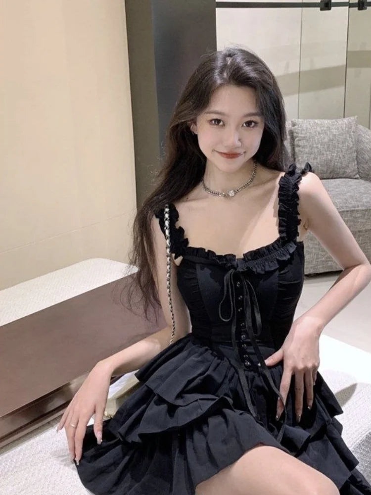 Gothic Goth Harajuku Sexy Slip Dress Ruffles Y2k Streetwear Dark Punk Cake Dresses Party Korean Fashion Summer