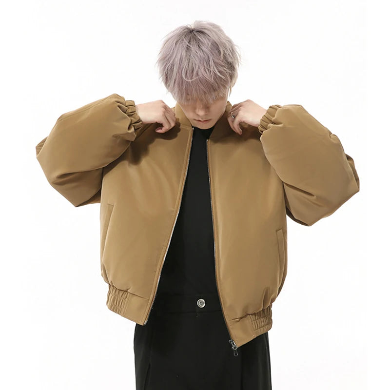 PU Leather Men's Padded Jackets Warm Round Collar Solid Color Loose Coats New Trendy Korean Short Cotton Tops Simple 9C9342