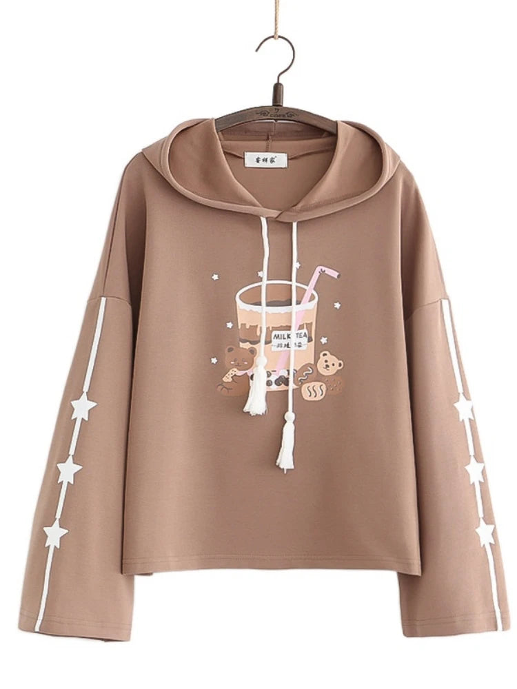 Cartoon Print Casual Hoodies Cotton Sweatshirt Women Summer Sweet Style Female Long Sleeve Basic Hooded Pullover Top