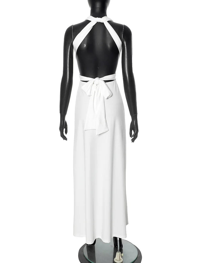 Halter Deep V Neck Sexy Maxi Dress For Women Fashion Solid Sleeveless Backless Lace-up Club Party Long Dress Vestido