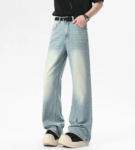 Male Denim Pants Micro Flared Cat Whisker Design Men's Washed Denim Straight Leg Stylish Fashion Bottoms 2025 9W1651