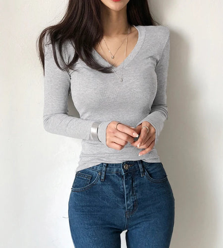 Casual V Neck Black Autumn T-shirts for Women Long Sleeve Basic Top Tee Korean Fashion All-Match Solid Pullover Cute