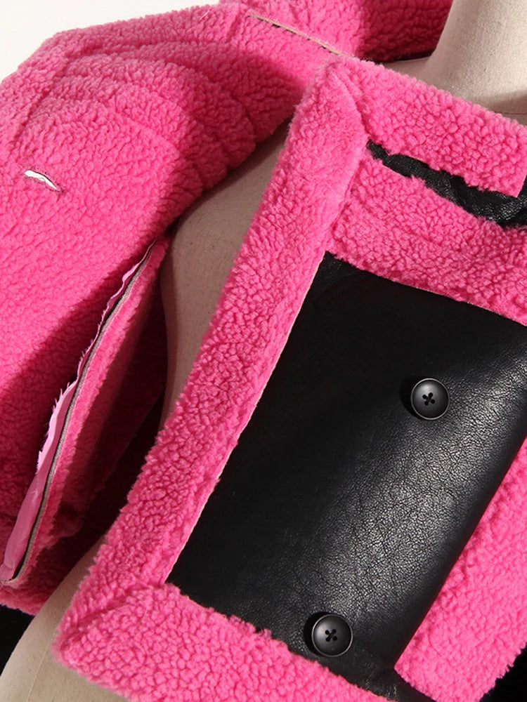 Loose Fit Rose Red Thick Warm Lambswool Jacket New Lapel Long Sleeve Women Coat Fashion Tide Spring Autumn 2025 1DH0227