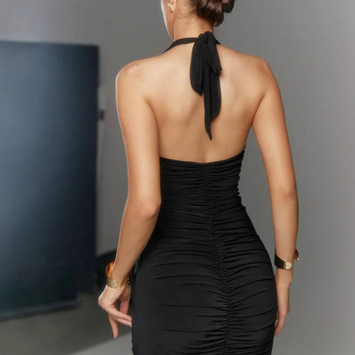 Load image into Gallery viewer, Halter Deep V Neck Sexy Maxi Dress For Women Gown Black Sleeveless Backless Bodycon Ruched Club Party Long Dress
