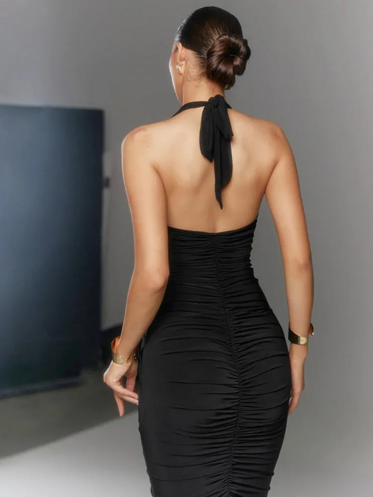 Halter Deep V Neck Sexy Maxi Dress For Women Gown Black Sleeveless Backless Bodycon Ruched Club Party Long Dress