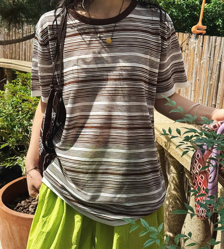 Women Black Coffee Striped Thin Knitting T-shirt New Round Neck Short Sleeve Fashion Tide Spring Summer 2025 1DJ1529