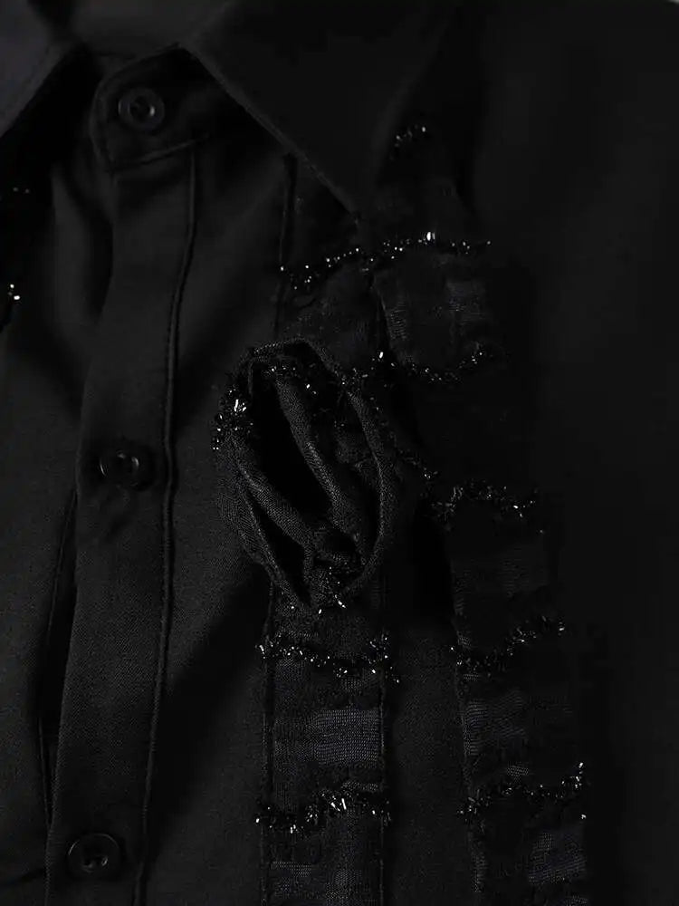 Women Black Three-dimensional Flower Big Size Blouse New Lapel Long Sleeve Shirt Fashion Tide Spring Autumn 2025 CPG2864