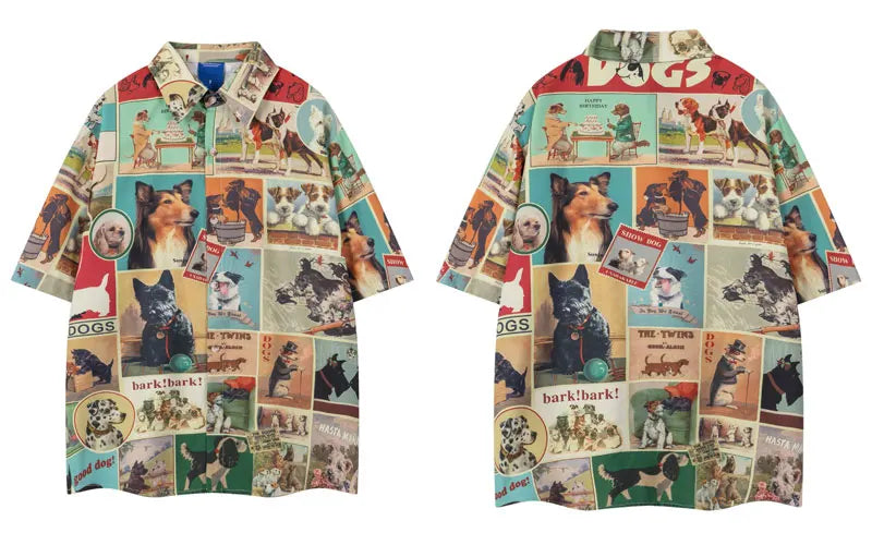 Vintage Shirts Y2K Cartoon Dog Graphic Printed Button Up Summer Blouse Streetwear Men Hip Hop Harajuku Short Sleeve Beach Shirt
