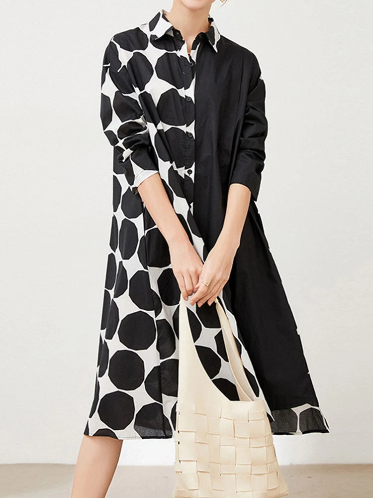 Women Black Dot Printed Big Size Knee-length Shirt Dress New Lapel Long Sleeve Fashion Tide Spring Autumn 2025 1DJ1505
