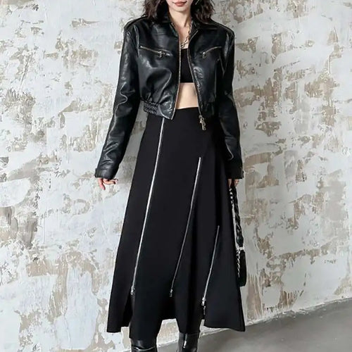 Load image into Gallery viewer, High Elastic Waist Black Zipper Splited A-line Half-body Skirt Loose Women Fashion Tide New Spring Autumn 2025 1DH4445
