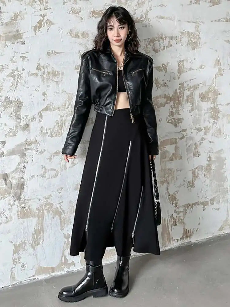 High Elastic Waist Black Zipper Splited A-line Half-body Skirt Loose Women Fashion Tide New Spring Autumn 2025 1DH4445