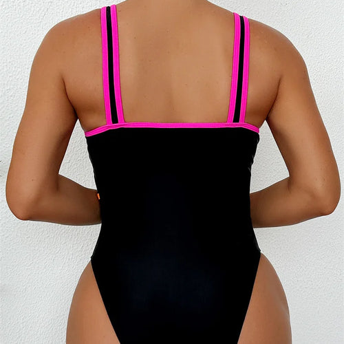 Load image into Gallery viewer, Sexy Deep V Neck Patchwork One Piece Swimsuit 2025 Swimwear for Women Splicing Bathing Suit High Waist Monokini
