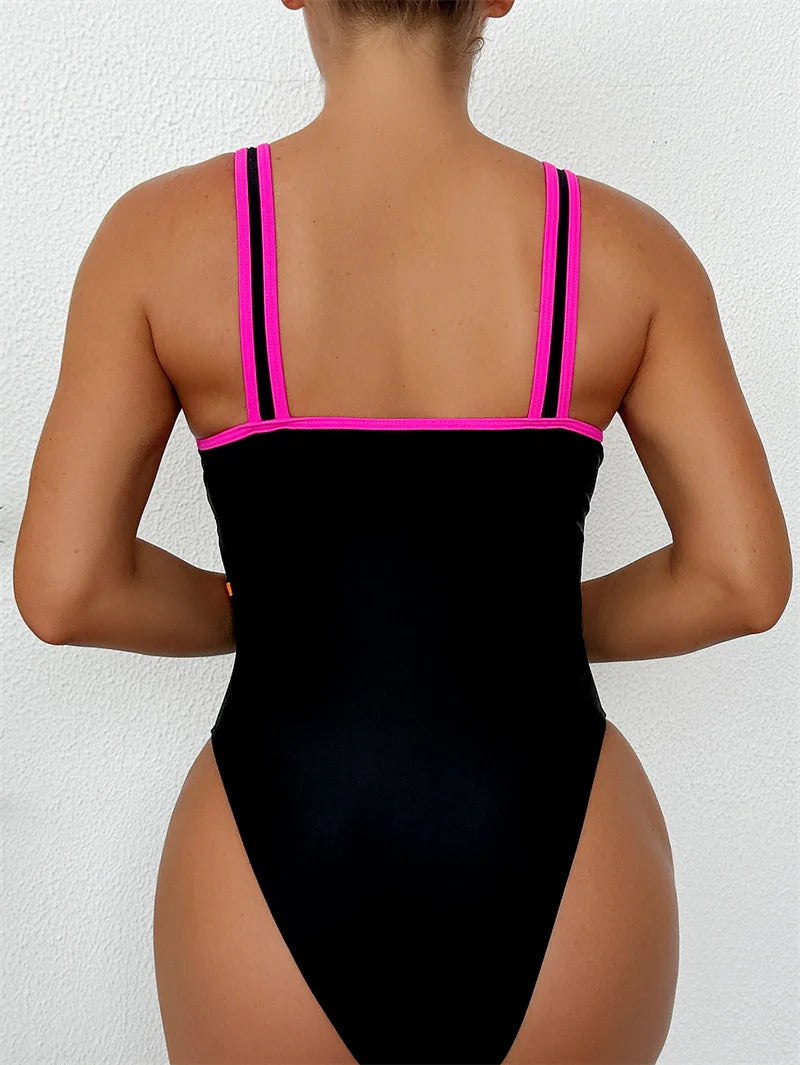 Sexy Deep V Neck Patchwork One Piece Swimsuit 2025 Swimwear for Women Splicing Bathing Suit High Waist Monokini