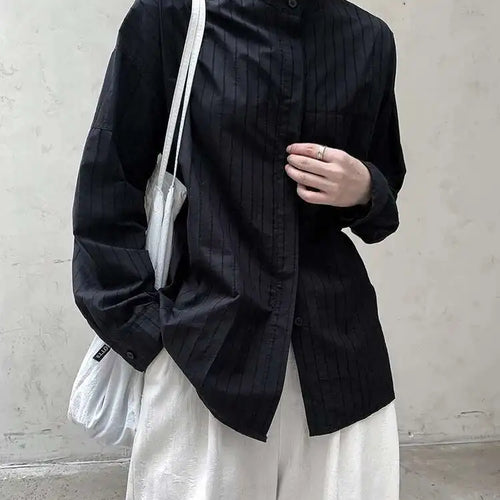 Load image into Gallery viewer, Women Black Striped Vintage Big Size Blouse New Stand Collar Long Sleeve Shirt Fashion Tide Spring Autumn 2025 1DH8363
