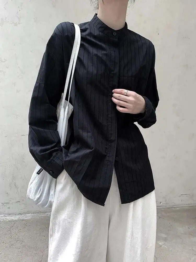 Women Black Striped Vintage Big Size Blouse New Stand Collar Long Sleeve Shirt Fashion Tide Spring Autumn 2025 1DH8363