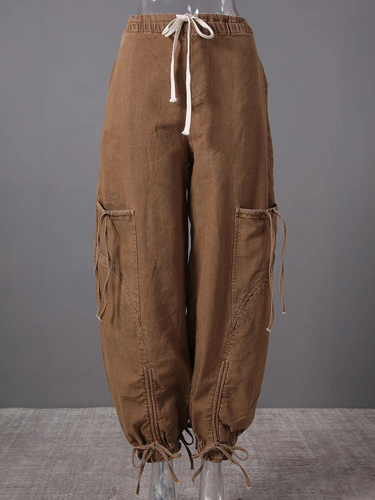 High Waist Khaki Drawstring Pockets Denim Long Wide Leg Pants New Trousers Women Fashion Tide Spring Autumn 2025 11A0731