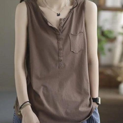 Load image into Gallery viewer, Women&#39;s Black Casual Loose Pocket Vest Summer Fashion Brown Sleeveless Buttons Bottoming Tops Large Size Versatile Trendy Tanks
