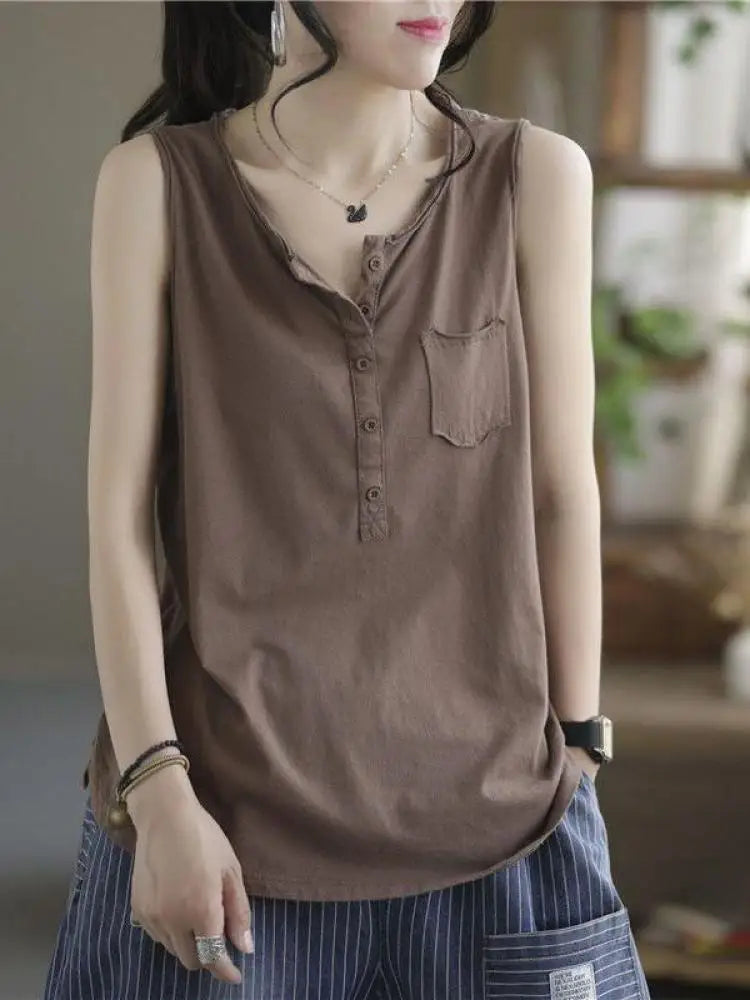 Women's Black Casual Loose Pocket Vest Summer Fashion Brown Sleeveless Buttons Bottoming Tops Large Size Versatile Trendy Tanks