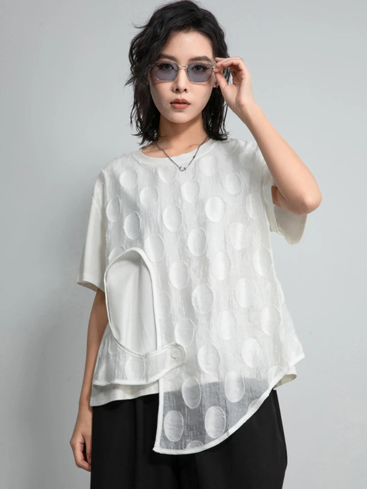 Women White Dot Printed Irregular Big Size T-shirt New Round Neck Short Sleeve Fashion Tide Spring Summer 2025 1DJ1011