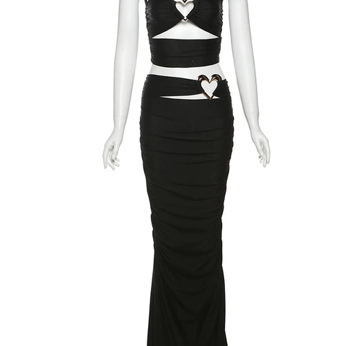 Load image into Gallery viewer, Sexy 2-Piece Set Women Love Metal Ring Halter Hollow Low-Neck Min Tops+Waistless Ruffles Bottoms Midnight Matching Suits
