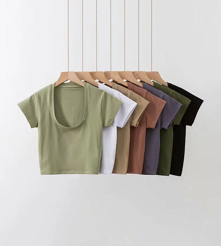 U-Neck Crop Top Solid Color Women Casual High Waist T Shirt Basic Sexy Streetwear Short Sleeve Slimming Tops