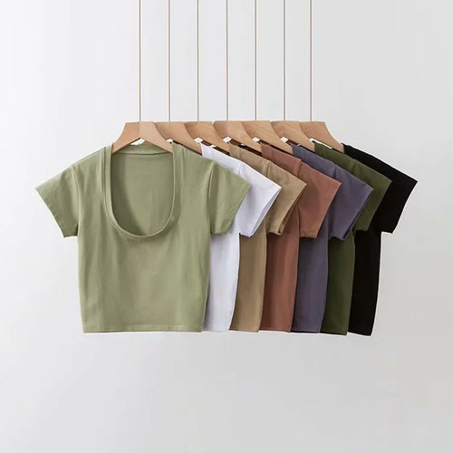 Load image into Gallery viewer, U-Neck Crop Top Solid Color Women Casual High Waist T Shirt Basic Sexy Streetwear Short Sleeve Slimming Tops
