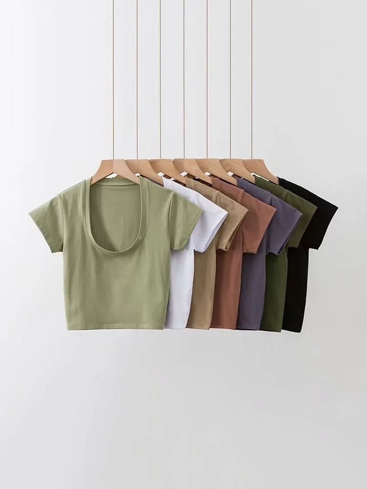 U-Neck Crop Top Solid Color Women Casual High Waist T Shirt Basic Sexy Streetwear Short Sleeve Slimming Tops