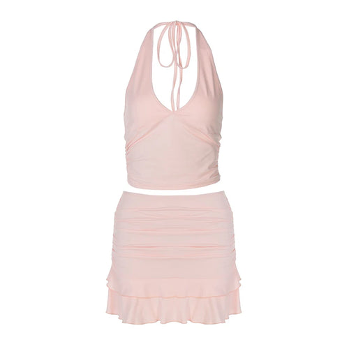 Load image into Gallery viewer, Sexy Solid Skirt Two Pieces Sets For Women Deep V-neck Neck-mounted Vest Tops And Short Skirt Sexy Two Pieces Sets
