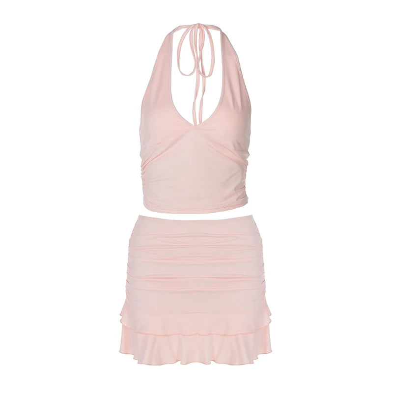 Sexy Solid Skirt Two Pieces Sets For Women Deep V-neck Neck-mounted Vest Tops And Short Skirt Sexy Two Pieces Sets