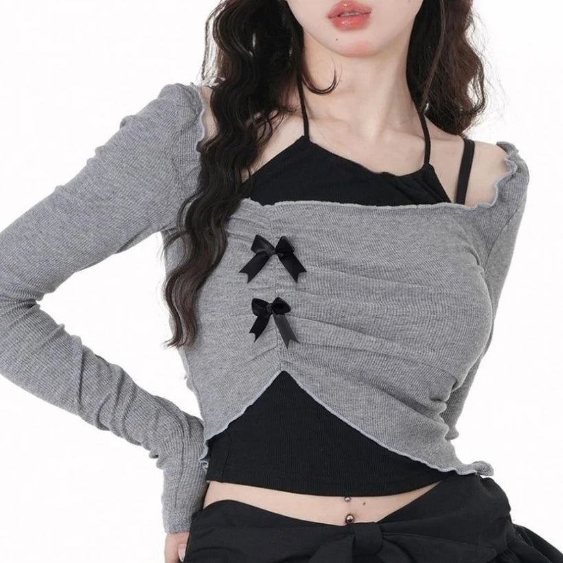 2025 Autumn New Slim Two Pieces Set Women Grunge Knitted Pleated Bow Tops + Sleeveless Halter Solid Vest Y2k Aesthetic Fashion