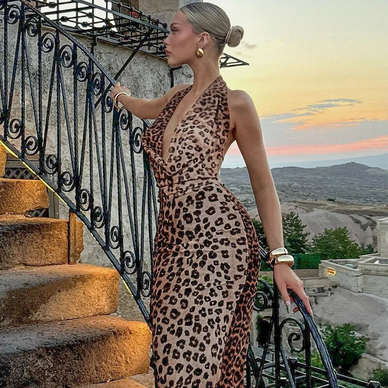 Leopard Print Backless Sexy Maxi Dress For Women Gown Fashion Halter Strapless Sleeveless Bodycon Printed Long Dress