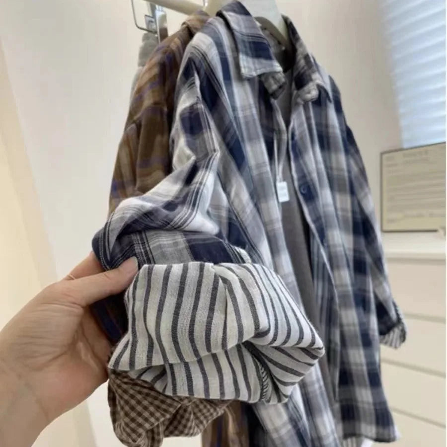 Autumn Vintage Blue Checkered Single Breasted Shirt Women New Brown Plaid Casual Loose Long Sleeve Fashion Versatile Blouses Top