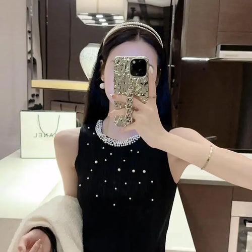 Load image into Gallery viewer, Vintage Solid Pearl Beaded Vest Women Sexy Club Elegant Chic Knitwear 2024 Summer Sleeveless O-neck Slim Tank Tops Popular Trend
