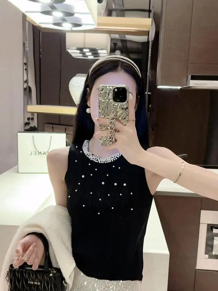 Vintage Solid Pearl Beaded Vest Women Sexy Club Elegant Chic Knitwear 2024 Summer Sleeveless O-neck Slim Tank Tops Popular Trend