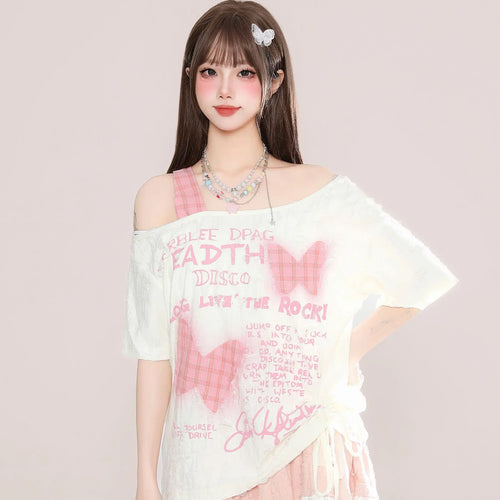 Load image into Gallery viewer, Skew Collar Off Shoulder Plaid Patchwork T Shirts Women Summer Butterfly Printing T-skirt Harajuku Casual Grunge Drawstring Tops
