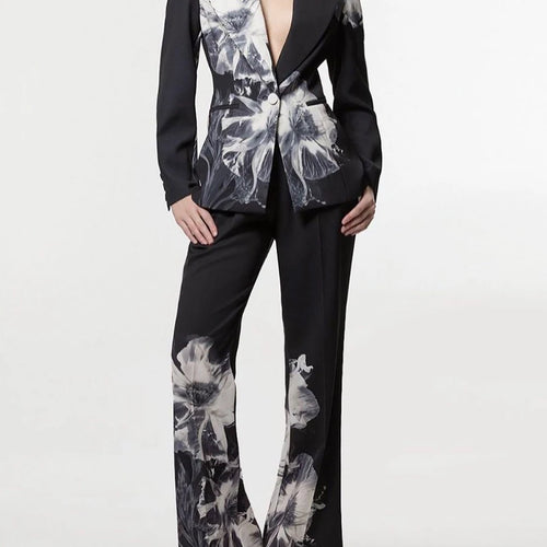 Load image into Gallery viewer, Slimming Printing Two Piece Sets for Women Lapel Long Sleeves Spliced Button Balzer High Waist Pant Set Female New
