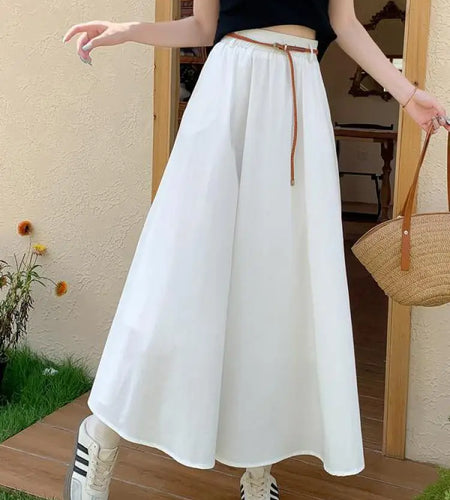 Spring Summer White Elegant Pockets Versatile Pleated Long Skirt Women High Waist Festival Skirts Ladies Casual Simplicity Trend