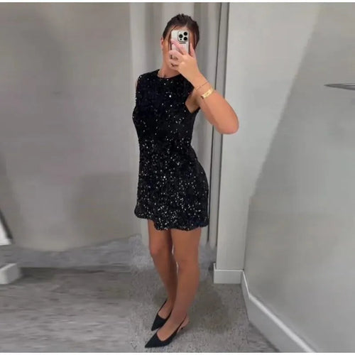 Load image into Gallery viewer, Sequins Backless Bow Sexy Mini Dress For Women Robe 2025 New Sleeveless A-line Sparkle Club Dress Elegant Vestido

