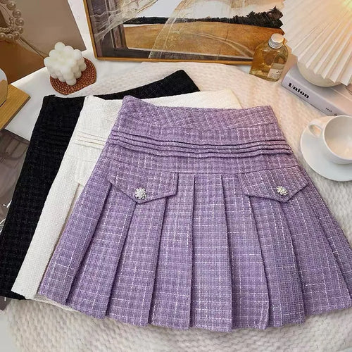 Load image into Gallery viewer, Solid Sexy Club Tweed Pleated Short Skirts For Women High Waist Slim Skirts Autumn Winter 2023 Wool Mini Skirt Korean Versatile
