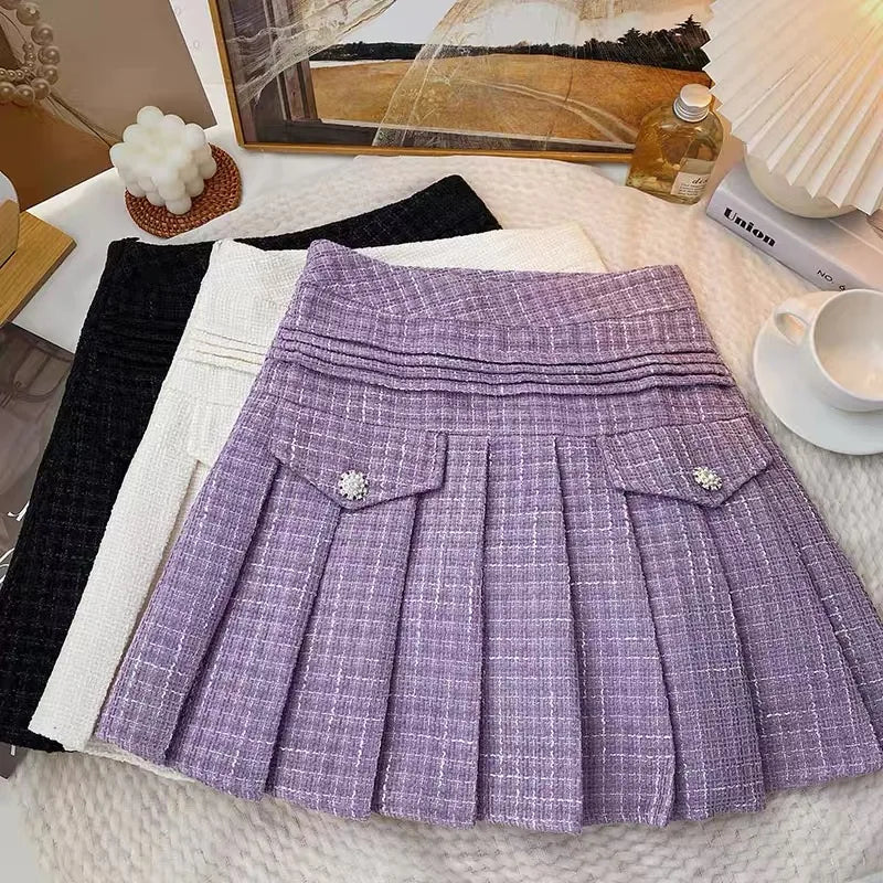 Solid Sexy Club Tweed Pleated Short Skirts For Women High Waist Slim Skirts Autumn Winter 2023 Wool Mini Skirt Korean Versatile