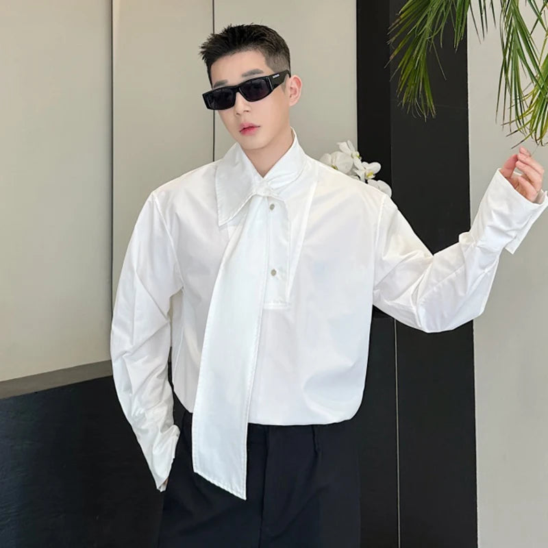 Summer Men's Shirts Long Sleeve Trendy One-piece Tie Decoration Pullover Metal Buckle Design Male Casual Clothing 9W1878