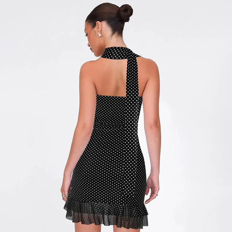 Scarf Collar Polka Dot Mini Dress Women Robe Fashion Off-shoulder Backless Sleeveless Ruffled Club Party Dress Vestido