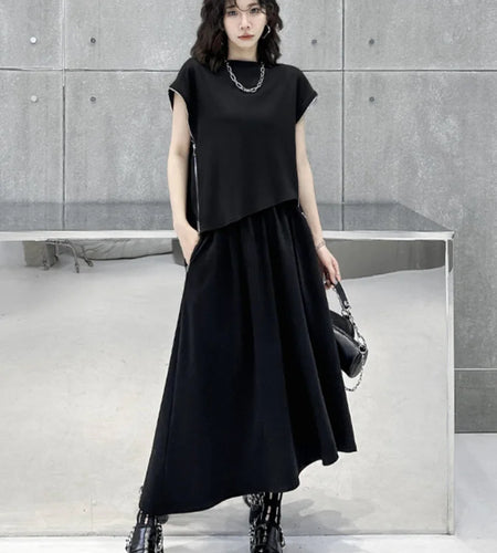Black Zipper T-shirt Half-body Skirt Two Pieces Suit New Round Neck Short Sleeve Women Fashion Spring Summer 2025 1DJ0167