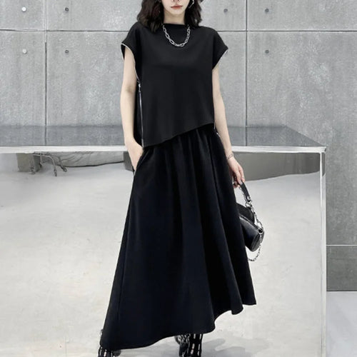 Load image into Gallery viewer, Black Zipper T-shirt Half-body Skirt Two Pieces Suit New Round Neck Short Sleeve Women Fashion Spring Summer 2025 1DJ0167
