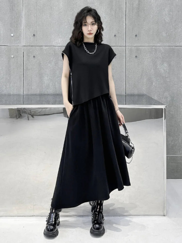Black Zipper T-shirt Half-body Skirt Two Pieces Suit New Round Neck Short Sleeve Women Fashion Spring Summer 2025 1DJ0167
