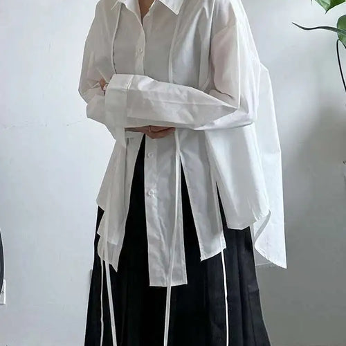 Load image into Gallery viewer, Women White Irregular String Slit Big Size Blouse New Lapel Long Sleeve Shirt Fashion Tide Spring Autumn 2025 1DJ0302
